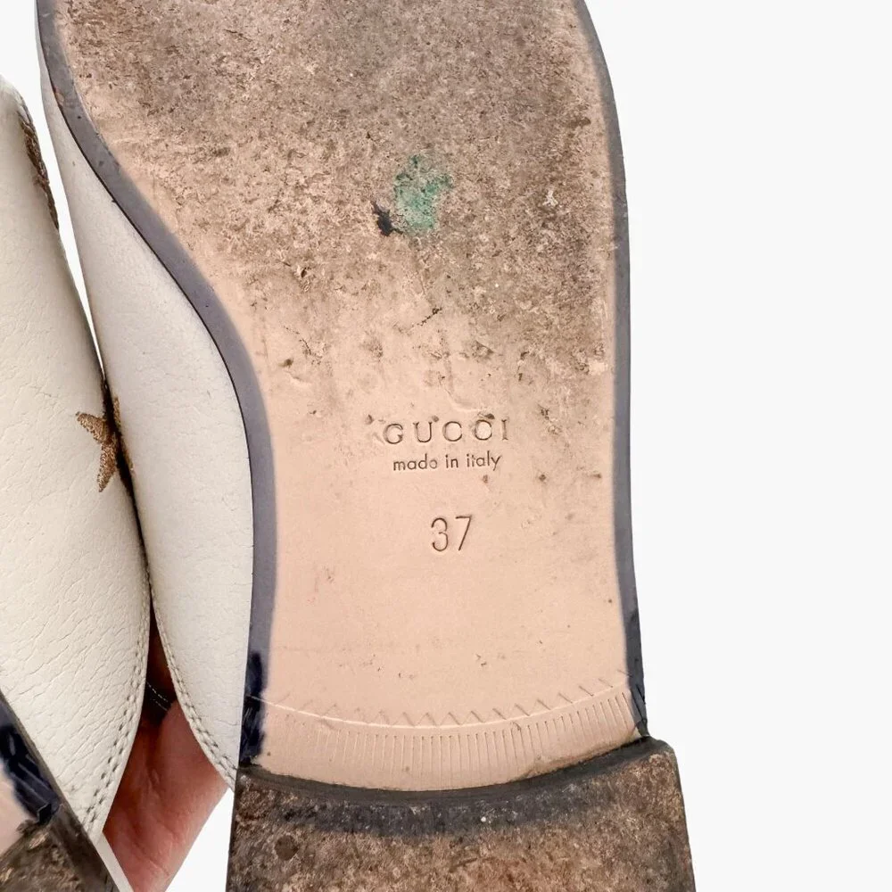 Gucci Princetown Horsebit Loafer Mule EU 37 US 7 White Bee Star Embroidered